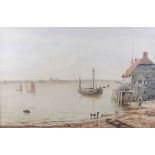 C Poult, 1887: watercolours, harbour scene with net loft and small boats, 11" x 18", in gilt frame