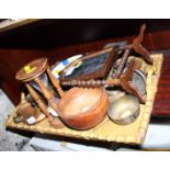 A set of early 20th century brass postal scales, a silver plated wine funnel, a plated candle