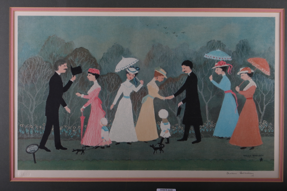 Helen Bradley MBE: a signed colour print, "We met in the park", with blind stamp, 12 3/4" x 20 3/4",