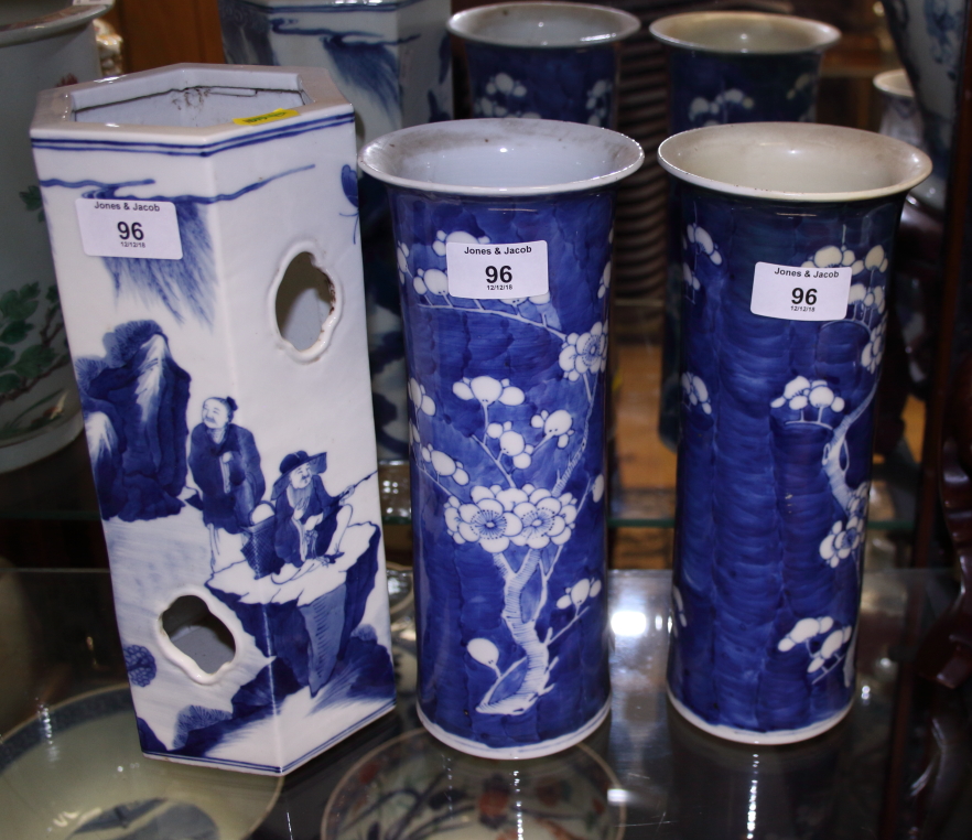 A pair of Chinese porcelain blue and white prunus decorated cylinder vases, 10" high, a floral - Image 16 of 23