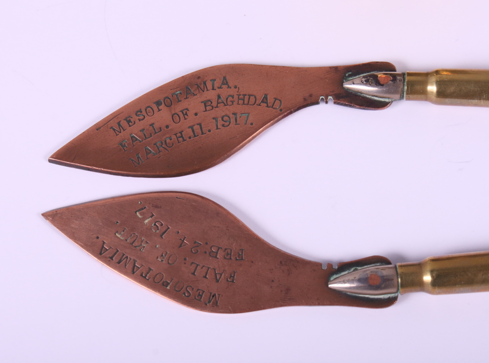 A trench art letter opener, formed as a kukri with shell case handle, the blade stamped "Mesopotamia - Image 2 of 3