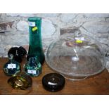 A pressed glass cake stand and cover, two Mdina paperweights and other glassware, various
