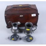 A 19th century mahogany sarcophagus-shaped tea caddy (a/f), a pewter tankard, a pewter jug and two
