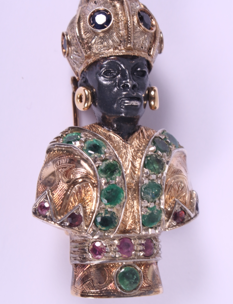 An 18ct gold, sapphire, ruby and emerald mounted blackamoor brooch, 1 7/8" high, 16.8g - Image 6 of 6