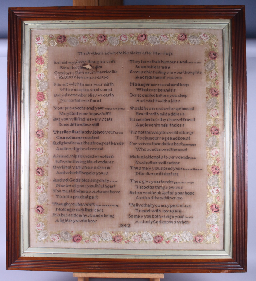 A mid Victorian cross stitch sampler, embossed with a poem about marriage, in oak frame