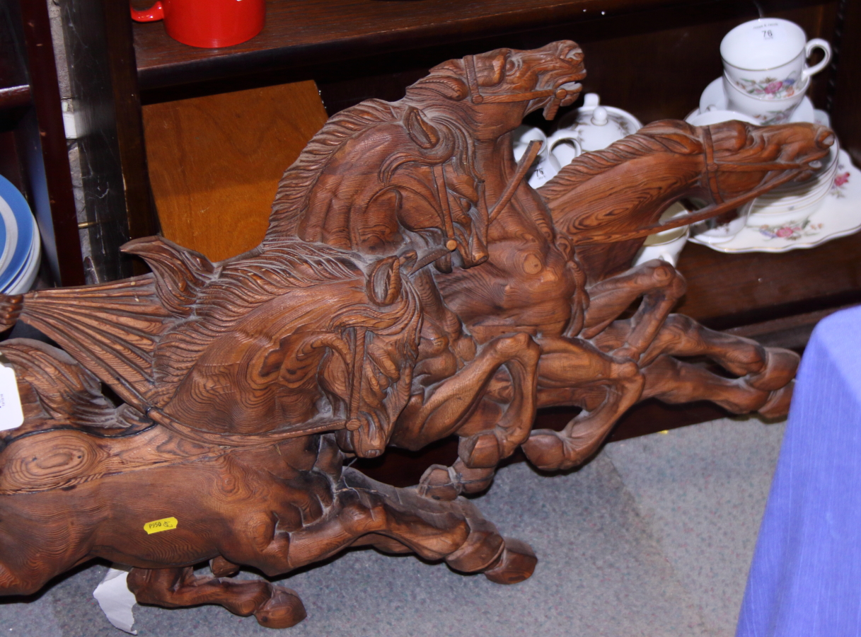 A carved softwood wall hanging, Apollo in his chariot, 46" long - Image 3 of 3
