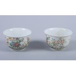 A pair of Chinese porcelain enamelled tea bowls with floral and insect decoration, six character