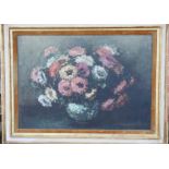 R Romagnoli: oil on board, floral still life, 28" x 38", in painted and gilt frame
