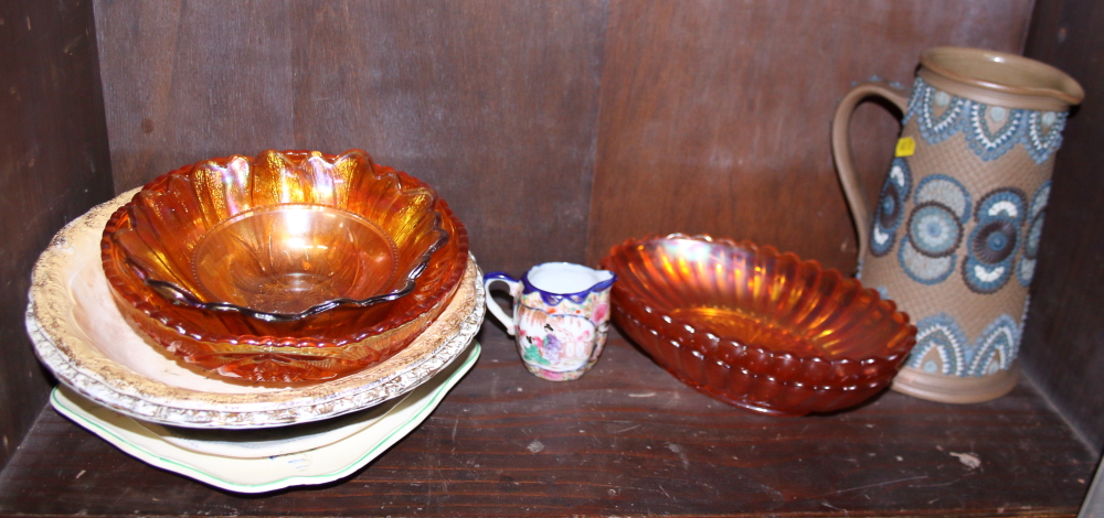 A Doulton Silicon Ware stoneware jug with applied decoration, 8" high, and various carnival glass