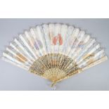An Edwardian fan with hand-decorated figured vane and pierced ivory sticks, mother-of-pearl