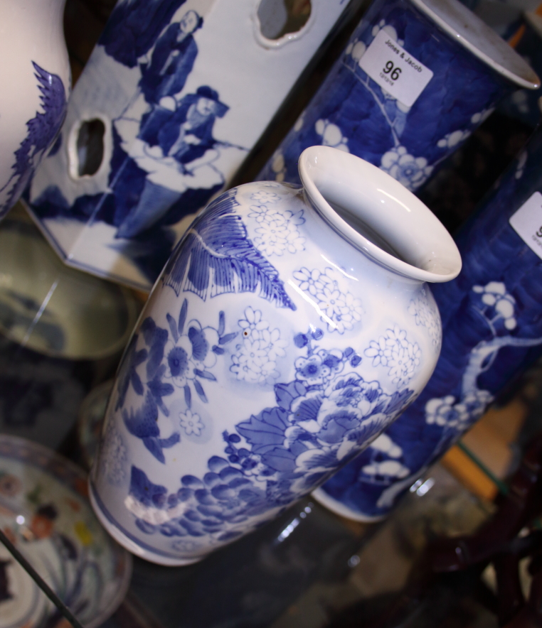 A pair of Chinese porcelain blue and white prunus decorated cylinder vases, 10" high, a floral - Image 9 of 23