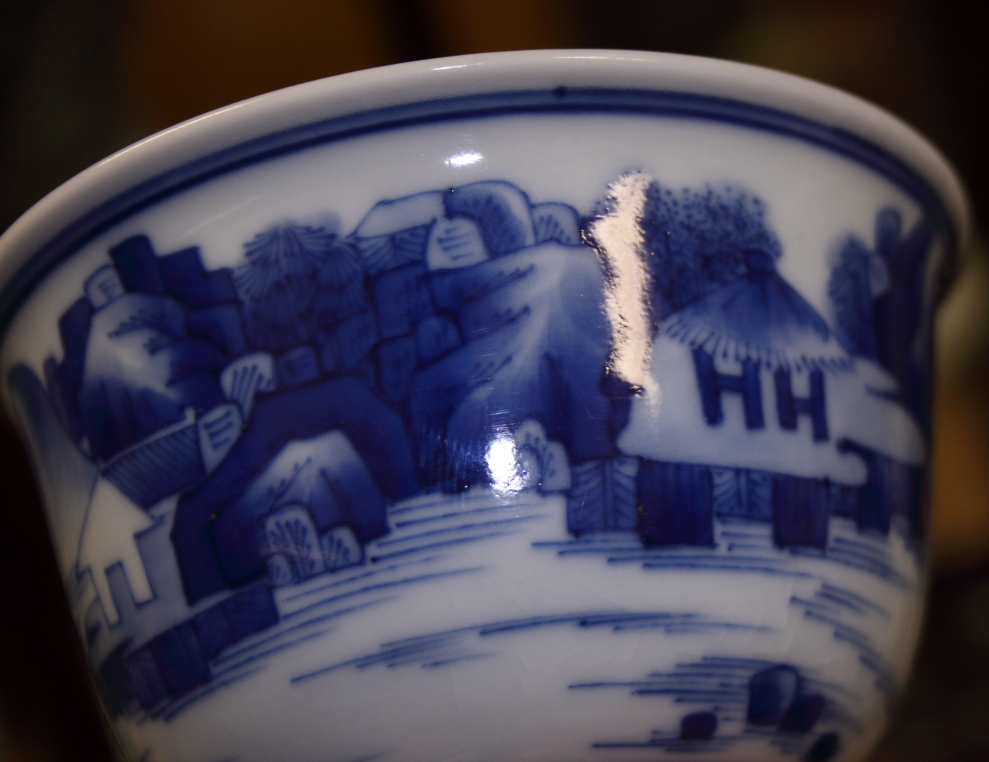 A Chinese porcelain blue and white landscape decorated stem cup, 4 1/2" high, a Kangxi vase, 3 1/ - Image 16 of 21