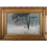 Thomas Dingle: oil on board, winter forest scene with figures at dusk, 13" x 21", in gilt frame