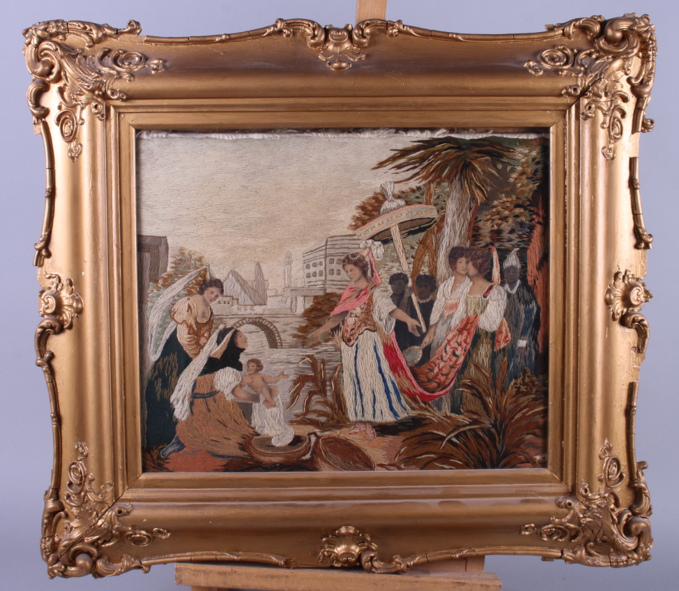 A 19th century embroidered panel, "The funding of Moses", 12" x 15", in gilt frame