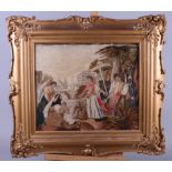 A 19th century embroidered panel, "The funding of Moses", 12" x 15", in gilt frame