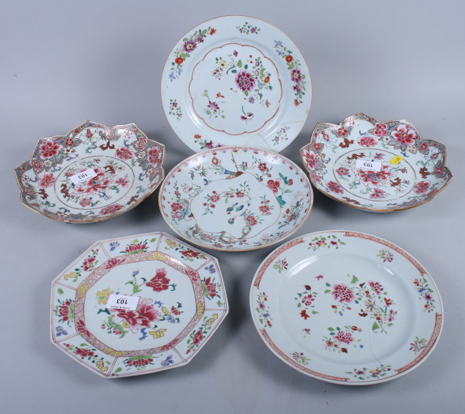 A pair of 19th century lobed dishes, with famille rose floral decoration, and four 19th century