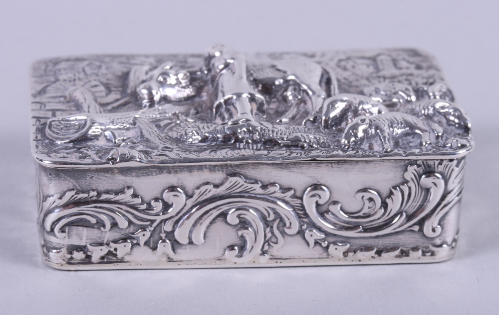 A late 19th century Dutch scroll decorated silver box, embossed a girl with oxen and sheep, 1.5oz - Image 2 of 9