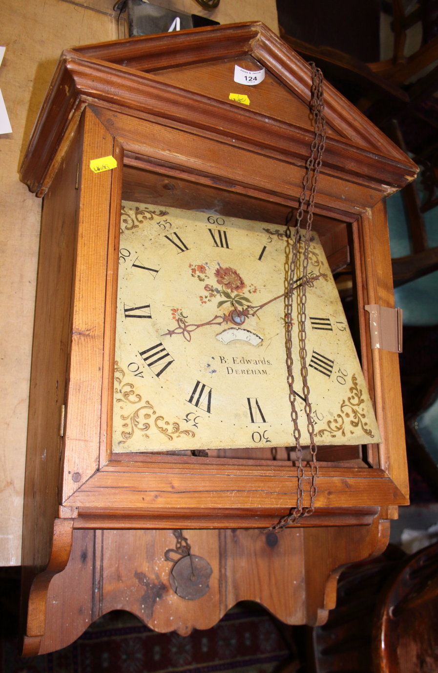 A 19th century thirty-hour clock movement, by B Edwards Dereham, in pine case