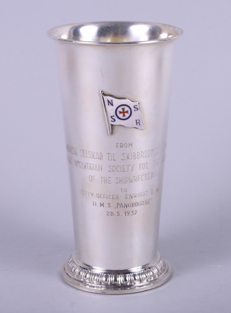 A Continental silver and enamel beaker / trumpet vase engraved "From Norsk Selskab Til Skibbrudnes