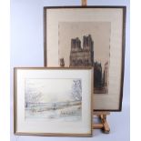 E Sharland: a signed etching, Reims Cathedral, and a watercolour "Winter Sunlight Osney"
