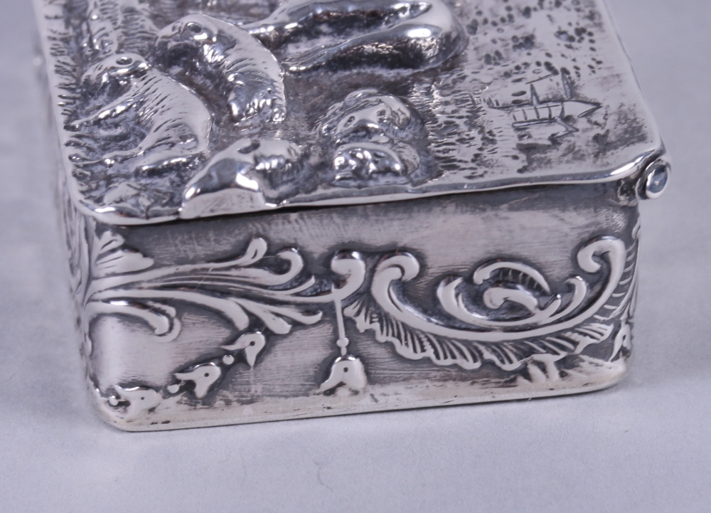 A late 19th century Dutch scroll decorated silver box, embossed a girl with oxen and sheep, 1.5oz - Image 3 of 9