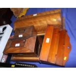 A wooden framed easel mirror, a mahogany letter rack, a hinged box and two tea caddies