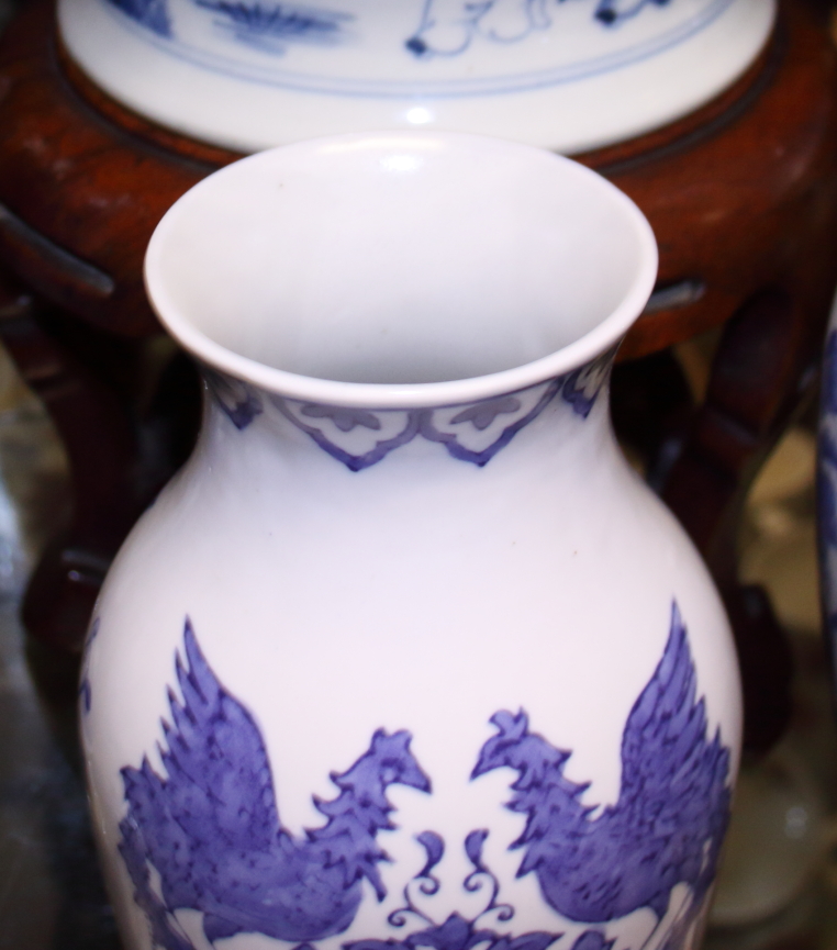 A pair of Chinese porcelain blue and white prunus decorated cylinder vases, 10" high, a floral - Image 15 of 23