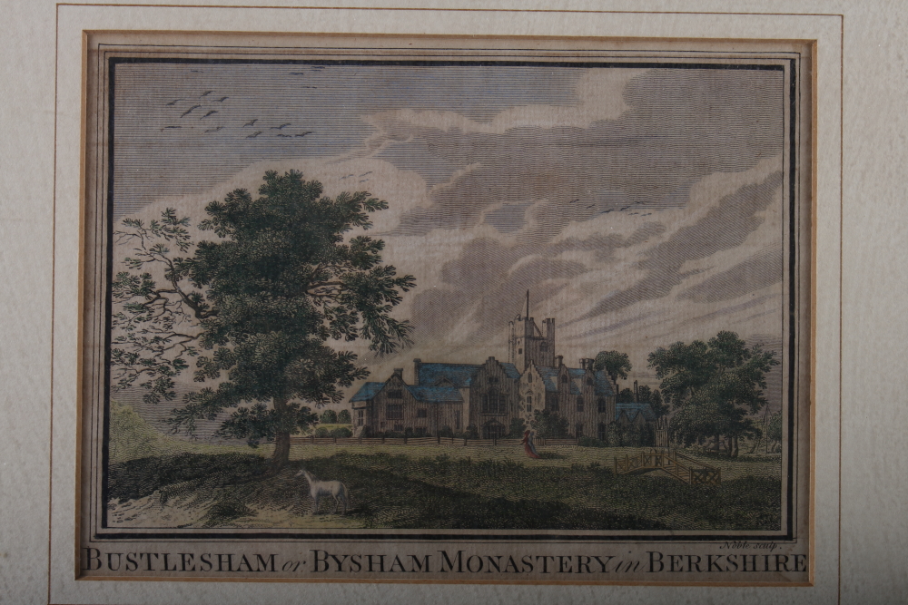 An 18th century hand-coloured engraving "Bustlesham or Bysham Monastery", framed, a similar