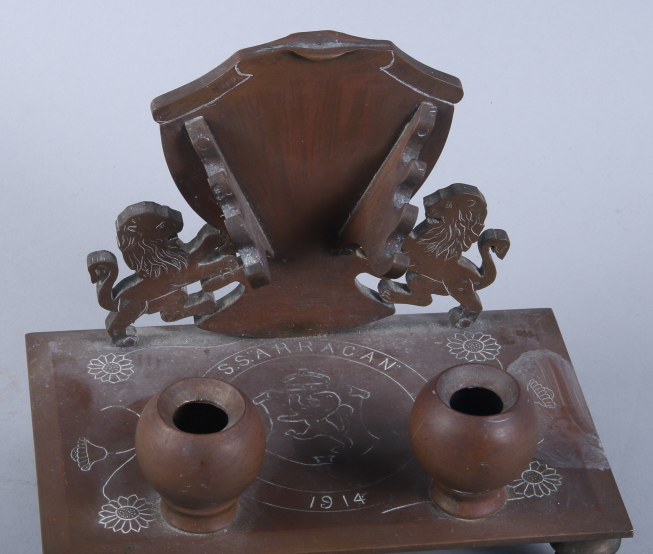 A bronze desk inkstand, inscribed SS Arracan 1914, 8" wide - Image 3 of 5