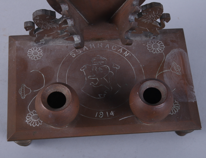 A bronze desk inkstand, inscribed SS Arracan 1914, 8" wide - Image 2 of 5