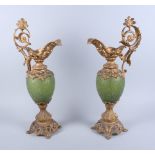 A pair of late 19th century green glass and gilt metal "Ewers", 20" long