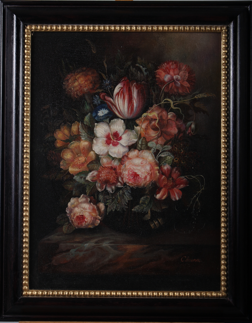 Clarence: oil on board, still life of summer flowers, 15 1/2" x 11 1/4" in moulded frame