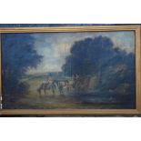 I Thorne: oil on canvas, children on cart crossing river, 28" x 48", in gilt plaster frame