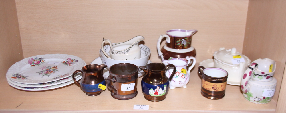 A New Hall porcelain bowl, a similar jug, three 19th century English porcelain plates with floral