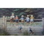 Spencer Coleman: a colour print, children on a gate, in strip frame