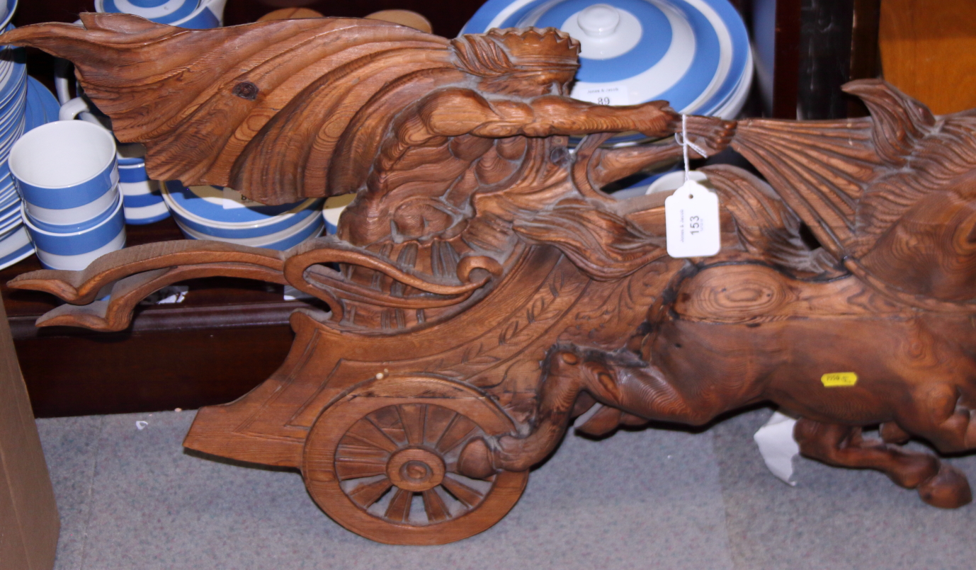 A carved softwood wall hanging, Apollo in his chariot, 46" long - Image 2 of 3