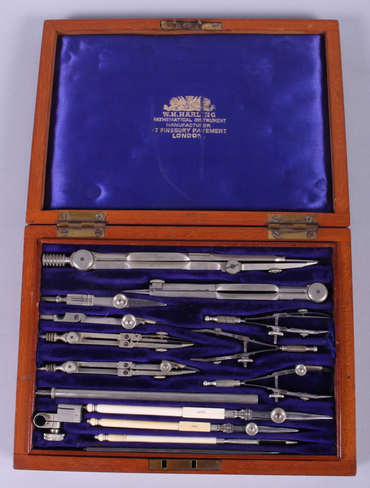 A set of W H Harling drawing instruments, in fitted mahogany case