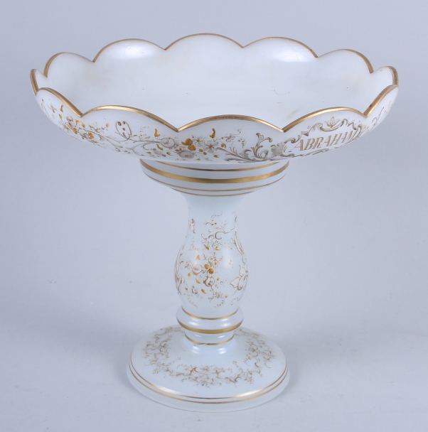 A late 19th century Bohemian milk glass gilt decorated two-piece tazza, 11 1/2" dia