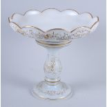 A late 19th century Bohemian milk glass gilt decorated two-piece tazza, 11 1/2" dia