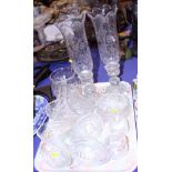 A pair of etched glass storm lanterns, a cut glass bowl, a cut glass basket and other glass