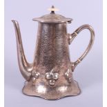 A Mappin & Webb Arts & Crafts silver plated coffee pot, decorated cherries on a planished ground