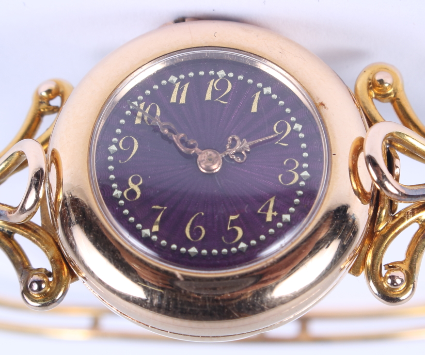 A lady's Le Roy & Fils yellow metal wristwatch, with purple enamelled dial, applied gold numerals - Image 2 of 4