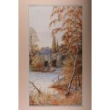 J R Hanney: watercolours, view of Clifton Hampden bridge, 34" x 18", in strip frame