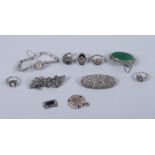 A quantity of silver and marcasite and other gem set jewellery, including brooches, rings and a