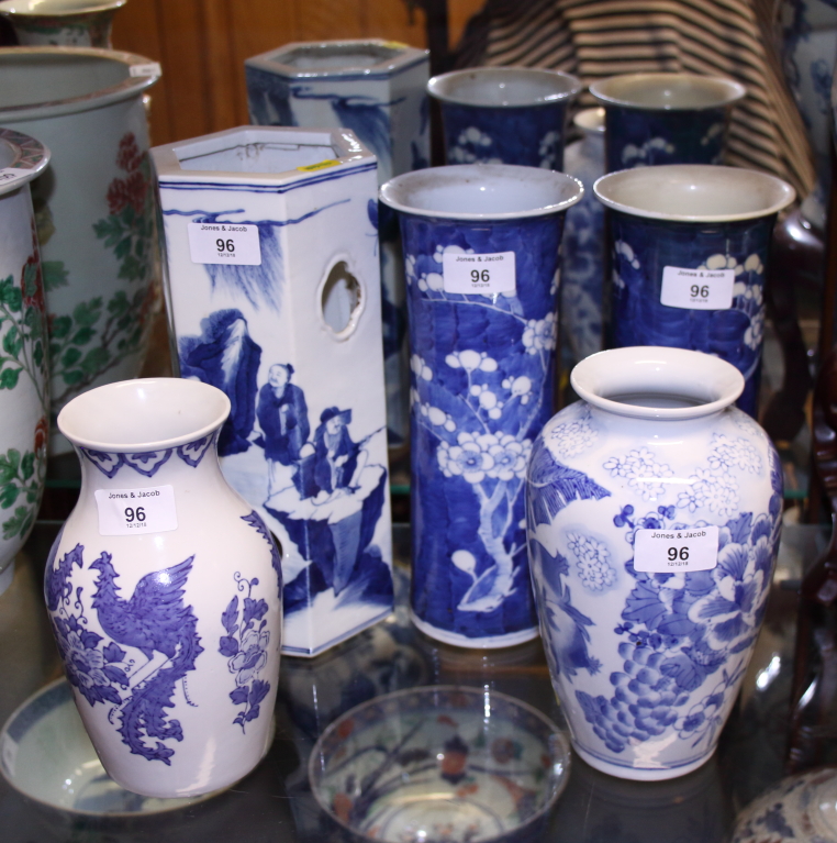 A pair of Chinese porcelain blue and white prunus decorated cylinder vases, 10" high, a floral - Image 7 of 23