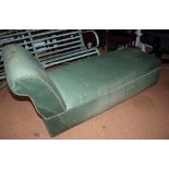 A scroll end box ottoman, upholstered in a green "satin"