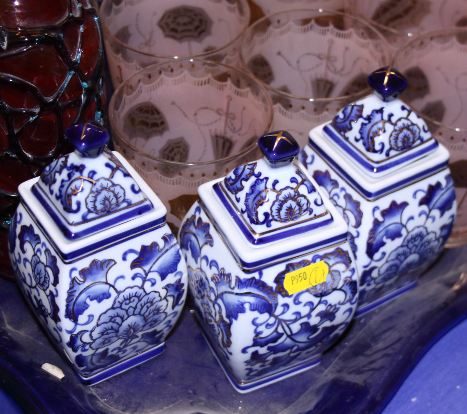 An early 20th century blue and white toilet jug, a chamber pot, three blue and white jars and - Image 2 of 5