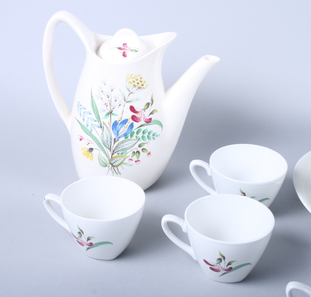 A Midwinter "Bouquet" pattern part coffee service for six, a matching side and dinner plate, two - Image 2 of 11