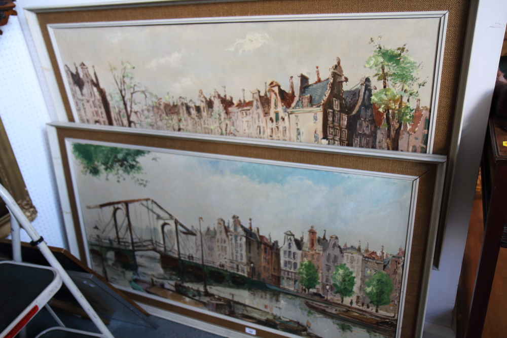 Dutch mid 20th century School: a pair of oil on canvas canal scenes of Amsterdam, indistinctly