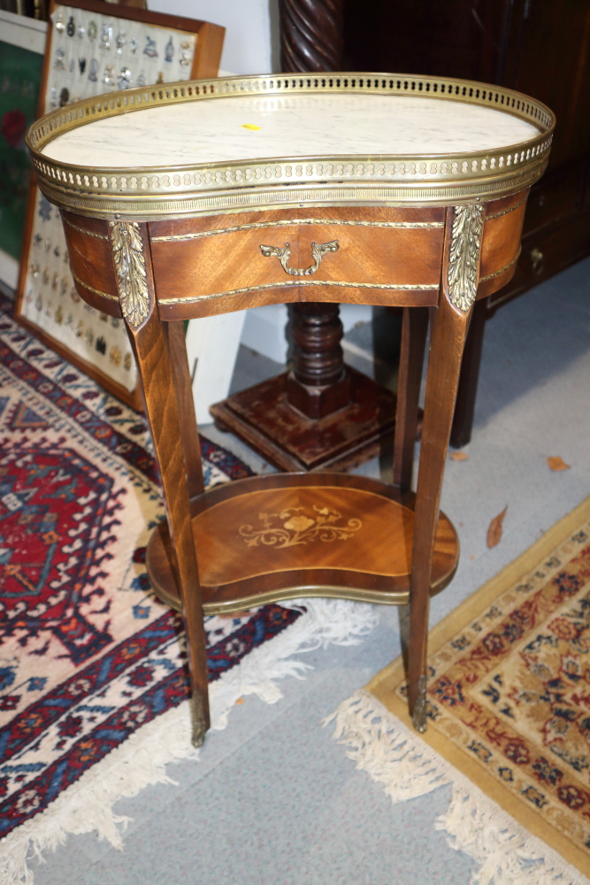 A Louis XVI design mahogany marble top occasional table, on cabriole supports, 18" wide